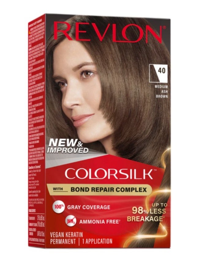 ريفلون صبغة شعر دائمة من ريفلون كولور سيلك، تركيبة إصلاح الروابط، 40 بني رمادي متوسط، عبوة واحدة - Image 1